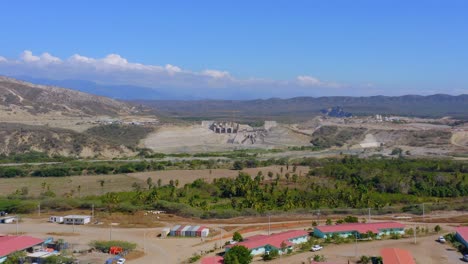 Monte-Grande-dam-during-construction-work-and-surrounding-landscape,-Dominican-Republic