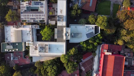 Top-Down-Shot-Over-the-Main-Garden-and-the-Engineering-School-of-the-Universidad-Panamericana-on-a-Sunny-Saturday-Morning-in-Mexico-City