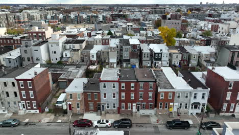 Aerial-truck-shot-of-poor-urban-American-city-housing