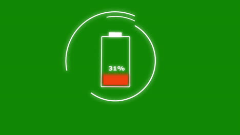 Batteriesymbolladung-Mit-Prozentsätzen-Und-Sich-Drehenden-Ladekreisen,-VFX-Animation-Mit-Grünem-Bildschirm