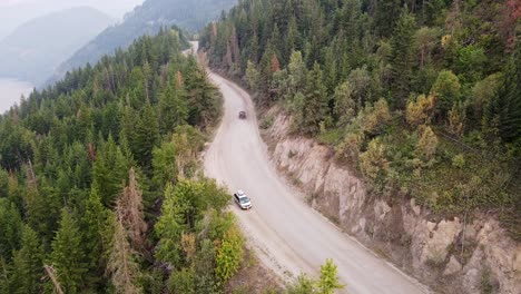 Two-cars-on-Adams-Forest-Service-Road-in-British-Columbia-during-wildfire-season-2021