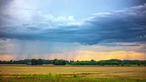 Time-lapse-shot-of-weather-spectacle-with-rain-from-dark-clouds-during-golden-sunset-at-yellow-colored-cultivation-fields