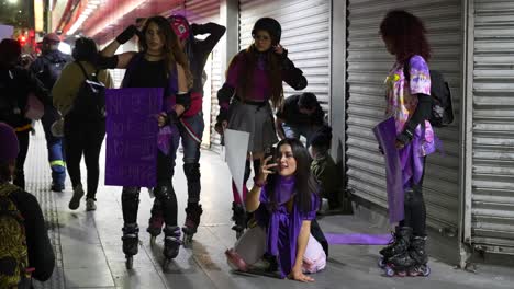Monterrey,-Mexico---March-8th-2022:-Top-view-of-women-protestors-with-signs-fighting-against-discrimination-and-violence,-an-emotional-moment-in-mexican-women-history