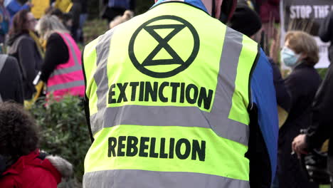 A-protester-wears-an-Extinction-Rebellion-high-visibility-tabard-at-a-protest-opposing-a-new-waste-incinerator-at-Edmonton