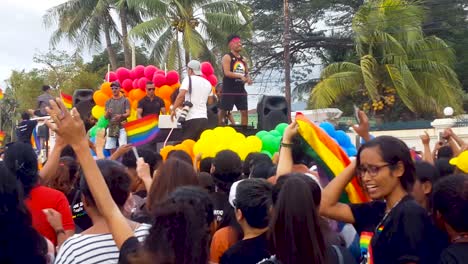 Carnival,-party-and-people-singing-and-dancing-at-the-LGBT-PRIDE-parade-2019-in-Dili,-Timor-Leste,-Southeast-Asia