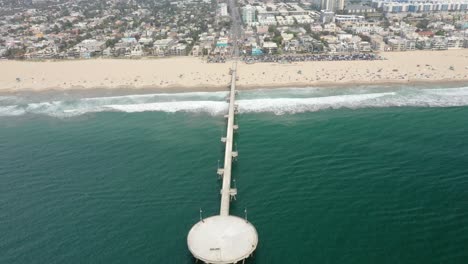 Aerial-Of-Venice-Beach-Fishing-Pier,-Marina-del-Rey,-Los-Angeles,-California-During-Summer---drone-shot