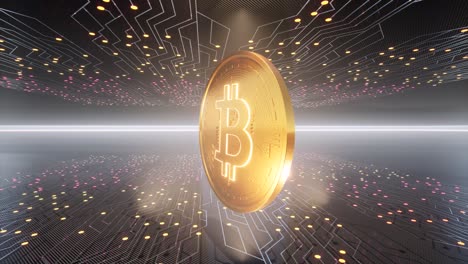 Gold-Bitcoin,-cryptocurrency-coin,-3D-model-with-blockchain-network-connections,-cyberspace-with-neon-lights,-3D-animation