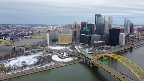 Luftaufnahme-Der-Berühmten-Skyline-Von-Pittsburgh-Im-Stadtzentrum-An-Einem-Bewölkten-Abend-Im-Winter
