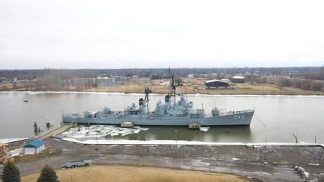 USS-Edson-Navy-Destroyer-decommissioned-in-Bay-City-Michigan-with-drone-shot-moving-up