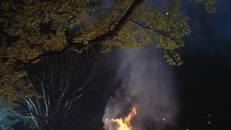 Smoke-and-Flames-Rise-towards-Trees-at-Hachiman-Matsuri,-Shiga-Japan