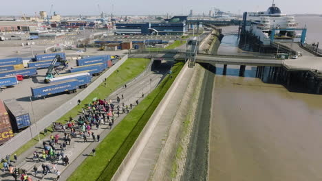 Aerial-footage-of-the-protest-in-Hull-from-the-PandO-Ferries-workers-and-shows-the-docks-and-terminal-building-and-also-the-ferry