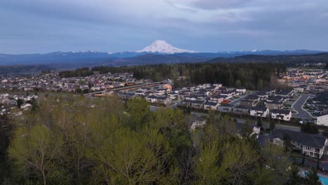 Aerial-shot-pushing-towards-Mount-Rainier-through-trees-with-a-large-community-of-neighborhoods-underneath