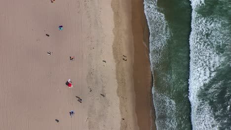 Top-Down-View-Of-Beach-With-Tourists-On-The-Shore---aerial-drone-shot