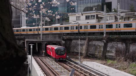 Cruce-De-Líneas-De-Tren-En-Tokio,-Escena-De-La-Ciudad-De-Primavera-Japón-4k