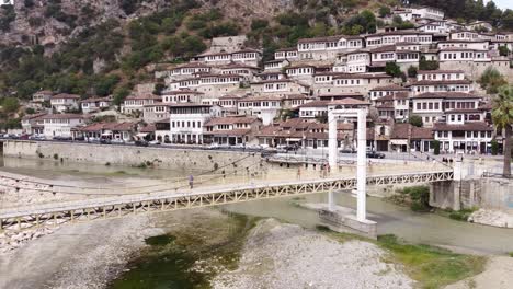 Bridge-and-Old-Town-of-Berat,-Albania---Circling-Pan-Shot