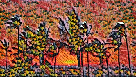 Künstlerische-Mosaikanimation-Von-Palmen,-Die-Bei-Sonnenuntergang-Oder-Sonnenaufgang-Vom-Wind-Bewegt-Werden