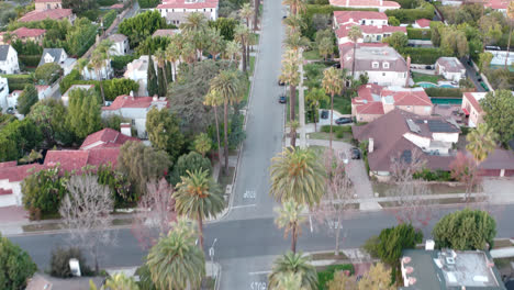 Aerial-top-down-view-on-city-street-in-wealthy-neighborhood-area