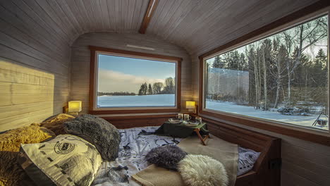 Gemütliche-Holzhütte-In-Abgelegenen-Verschneiten-Wäldern-Zum-Ausruhen-Und-Entspannen