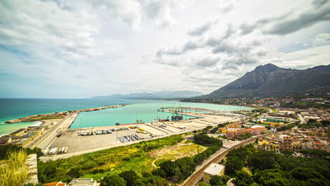 Industrial-Port-And-Seascape-With-Mountain-Views-On-A-Sunny-Day