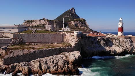 Wellen-Des-Klaren-Blauen-Mittelmeers-Spritzen-Gegen-Die-Klippen-Unterhalb-Des-Erkennbaren-Leuchtturms-Am-Europa-Point-Vor-Dem-Hintergrund-Des-Oberen-Felsens-Von-Gibraltar
