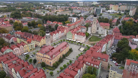 Aerial-drone-view-of-the-market-square-in-Bolesławiec-on-a-cloudy-day
