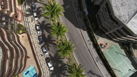 Aerial-top-down-view-over-city-street-in-Cabo-Frio-beach,-Rio-de-Janeiro,-Brazil