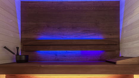Changing-colors-inside-of-empty-modern-wooden-Barrel-Sauna,close-up-shot