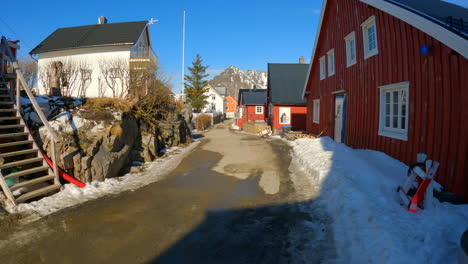 Static-shot-off-empty-street-in-Henningsvaer-Lofoten-Island,-Sunny-day,-Scandinavia