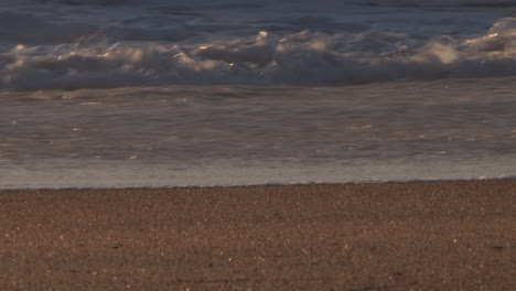 Schaum-Von-Den-Wellen-Des-Meeres,-Die-Sanft-über-Den-Goldenen-Sand-Gleiten,-Bild-Bei-Sonnenuntergang