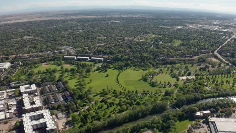 Wide-aerial-shot-of-the-landscaped-Ann-Morrison-Park-in-Boise,-Idaho