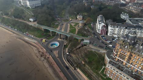 Aerial-View-Of-The-Cliff-Bridge,-Previously-known-as-the-Spa-Bridge,-A-footbridge-in-Scarborough,-North-Yorkshire,-England---drone-shot