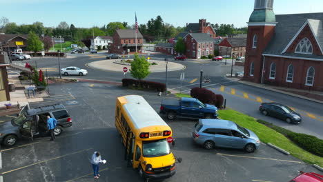 Short-school-bus-in-small-town-in-USA