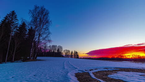 Static-view-of-arrival-of-spring-season-with-snow-melting-over-farmlands-surrounded-by-trees-during-sunset-in-timelapse