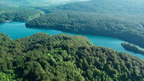 Aerial-view-of-natural-national-park-Plitvice-lakes-croatia-with-scenic-forest-landscape-unpolluted-region-of-europe,-summer-holiday-destination-for-trekking-and-hiking