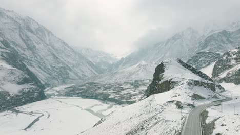 Aerial-view-of-Hussaini-village-Gojal,-Upper-Hunza-In-The-Gilgit-Baltistan-Region-of-Northern-Pakistan