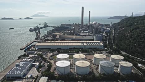 An-aerial-view-of-petrochemical-industry-in-sunny-morning-,-Hong-Kong-coal-power-station-and-oil-tank-of-Tuen-Mun