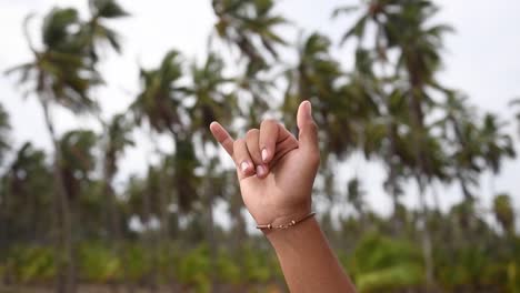 Tourist-girl-makes-the-hawaiian-hand-gesture-"shaka",-outdoor-video-with-palm-trees-on-the-background
