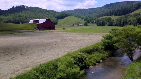 AERIAL-FAST-PULLOUT-OVER-WATAUGA-RIVER-AT-HARVEST-TIME-IN-SUGAR-GROVE-NC,-NORTH-CAROLINA-NEAR-BOONE-AND-BLOWING-ROCK