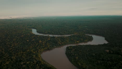 Río-Largo-Y-Angosto-Del-Amazonas-Y-Vasta-Selva-Tropical-Verde-En-Ecuador---Toma-Aérea