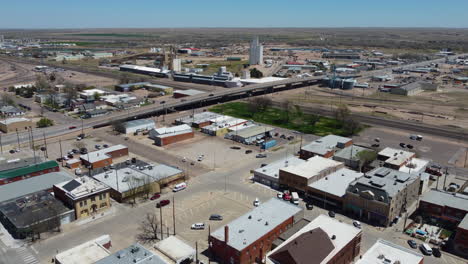 Sterling-Colorado,-aerial-drone-footage-of-downtown-and-industrial-area