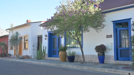 Colorful-adobe-home-in-Tucson-Arizona-with-planters-and-cacti-for-nice-curb-appeal