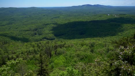 A-tilt-reveal-of-New-England-mountains-beyond-dense-green-forest-under-a-blue-sky