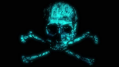 Alarmierendes-Animiertes-Cyber-Hacking-Totenkopf--Und-Gekreuztes-Knochensymbol-Mit-Animierter-Leiterplattenstruktur-In-Blaugrünem-Farbschema-Auf-Schwarzem-Hintergrund