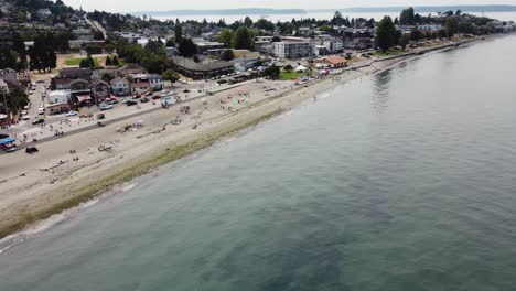 Counterclockwise-drone-shot-of-the-shore-and-people-enjoying-a-day-at-Alki-Beach-in-Seattle