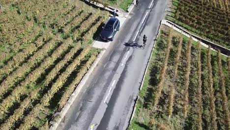 Top-view-of-a-bike-driving-on-a-road-in-Lavaux-Vineyards,-Unesco,-Vaud,-Switzerland
