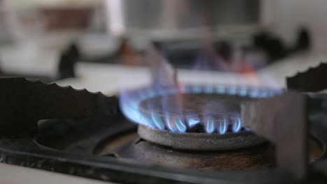 Light-A-Gas-Cooker,-blue-gas-ignites-frames-in-kitchen