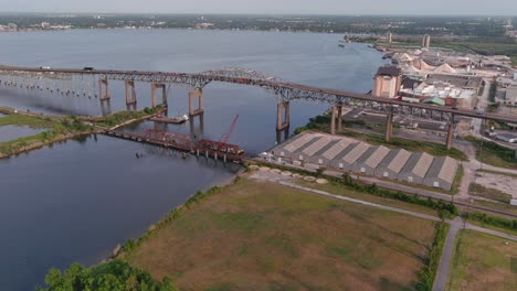 Aerial-of-cars-traveling-over-the-Calcasieu-River-Bridge-in-Lake-Charles,-Louisiana