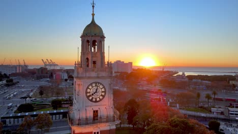 Clock-Tower-Top-View-At-Beautiful-Sunrise,-Torre-De-Los-Ingleses,-Buenos-Aires