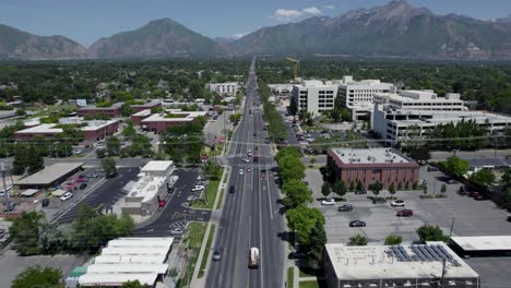 City-Streets-with-Wasatch-Mountain-View-of-South-Salt-Lake-City,-Utah---Aerial