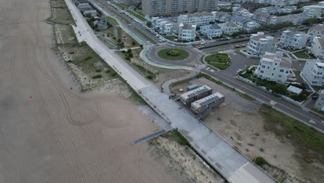 An-aerial-view-of-the-beach-in-Arverne,-NY,-during-a-cloudy-evening